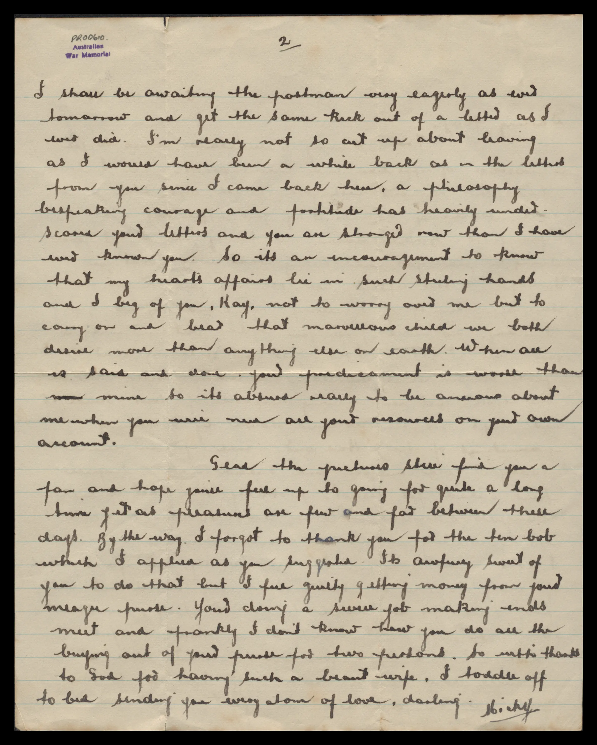 A handwritten 1940s wartime letter from the Australian War Memorial archive, full page.