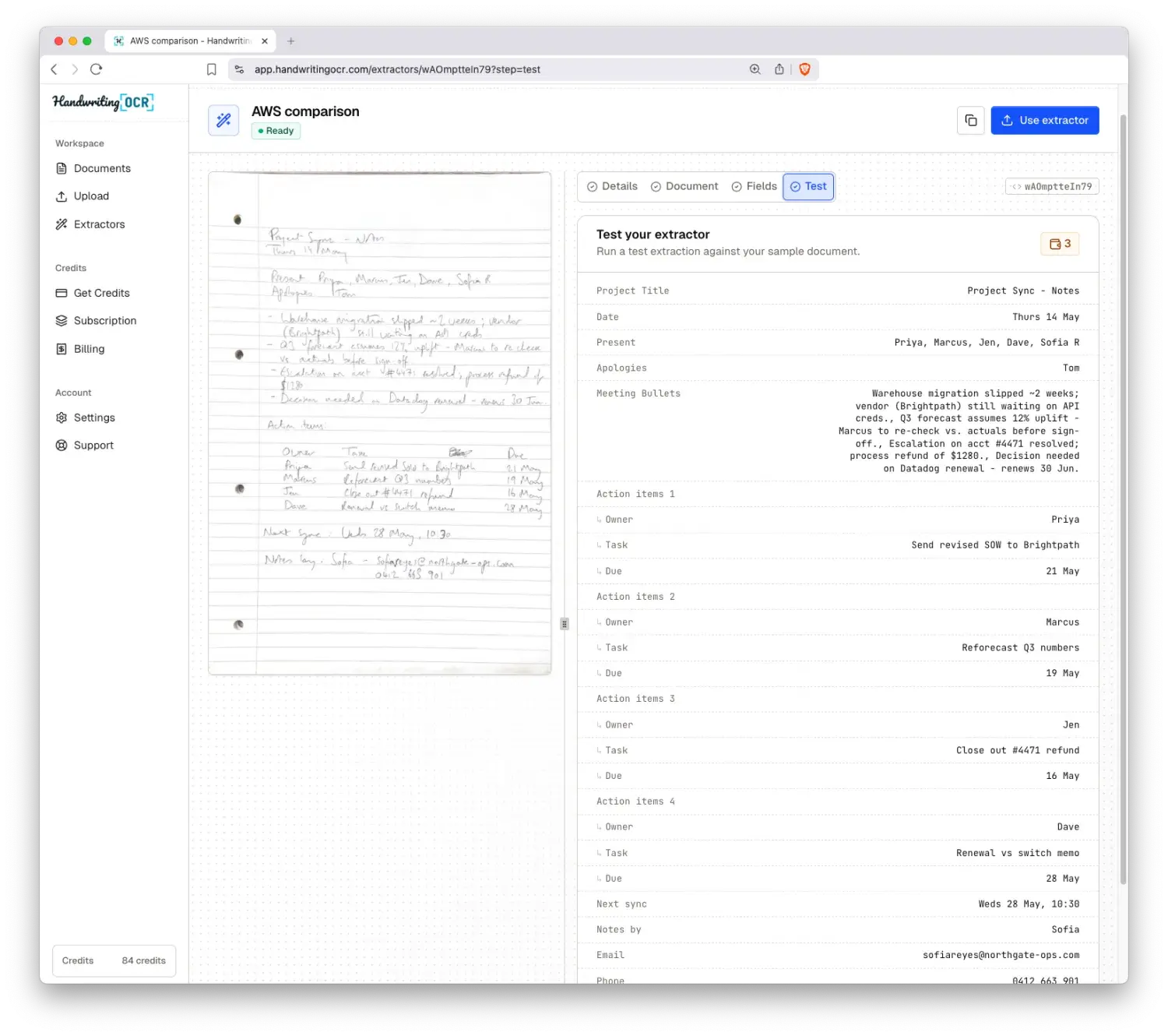 Handwriting OCR custom extractor returning clean structured fields and four separate action-item rows with owner, task and due date.