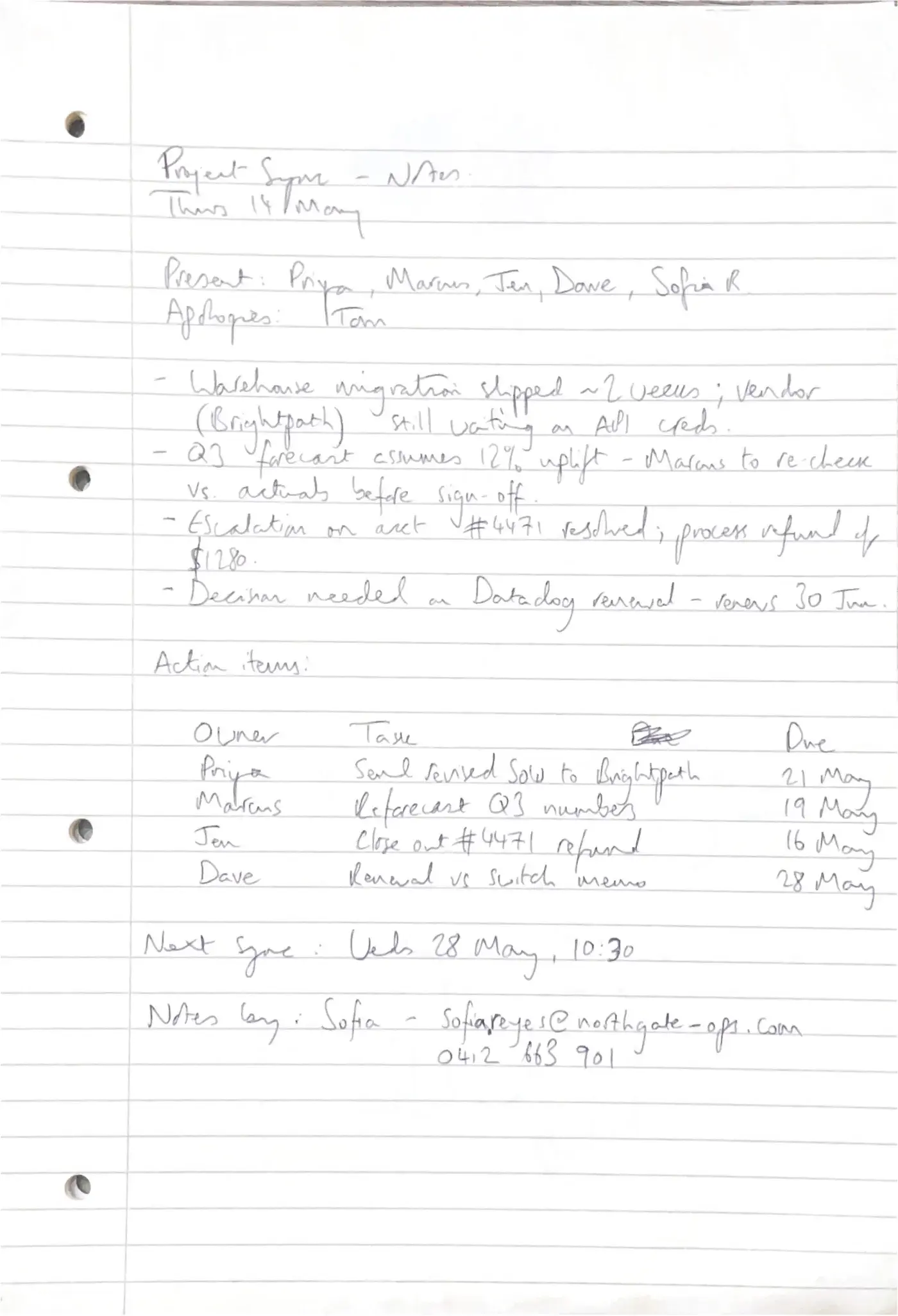 A messy handwritten 'Project Sync' meeting note with attendees, bullet points and an action-items table.