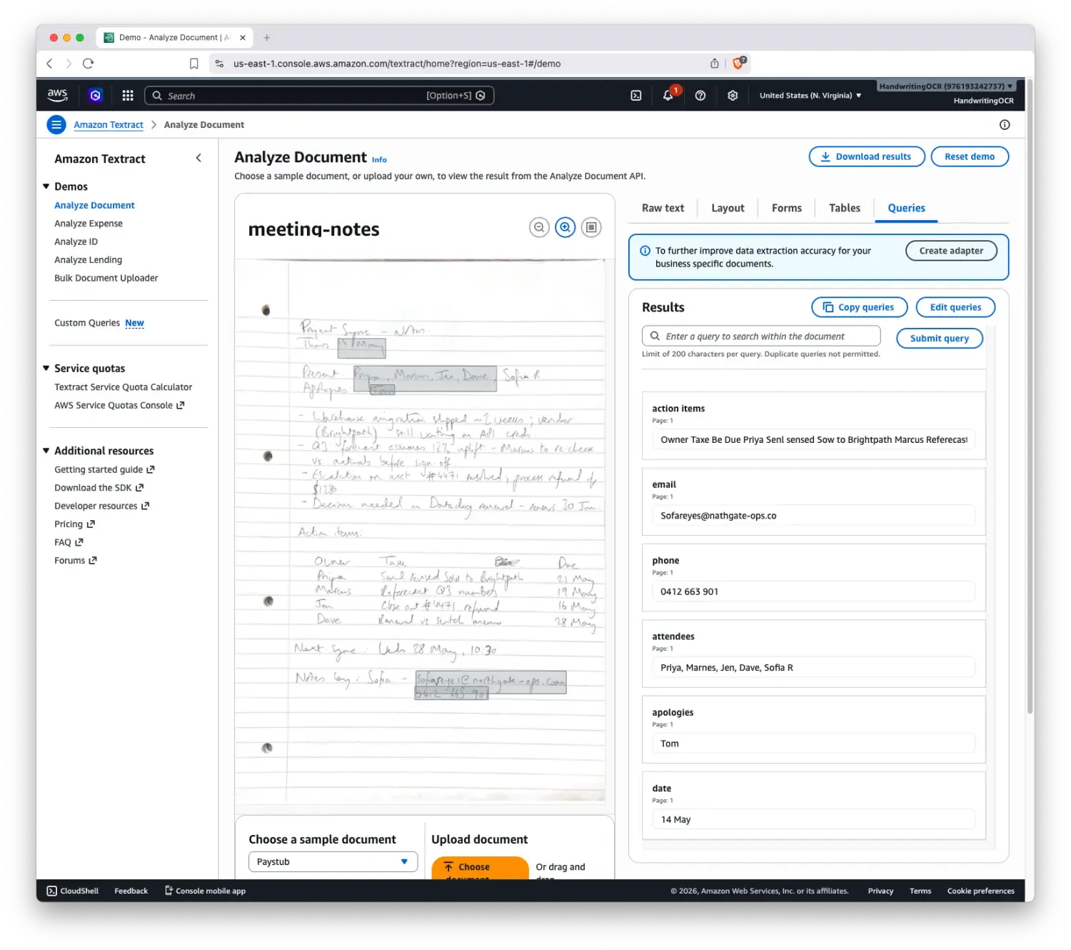 AWS Textract console returning the action-items field as one garbled blob, with a mangled email and 'Marnes' for Marcus.