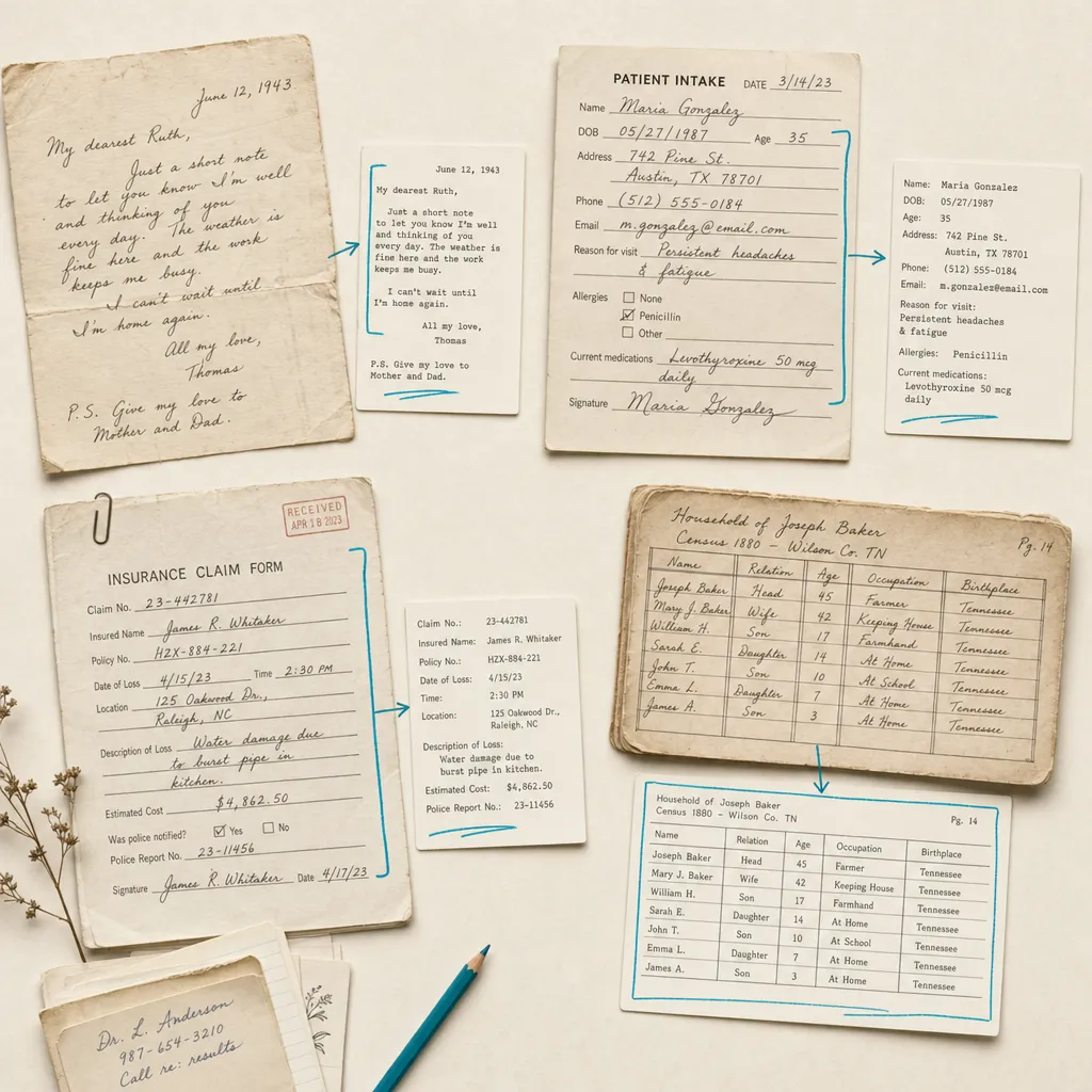 A montage of real handwritten documents — a letter, a clinic intake form, an insurance form, a genealogy record — being turned into clean typed text.
