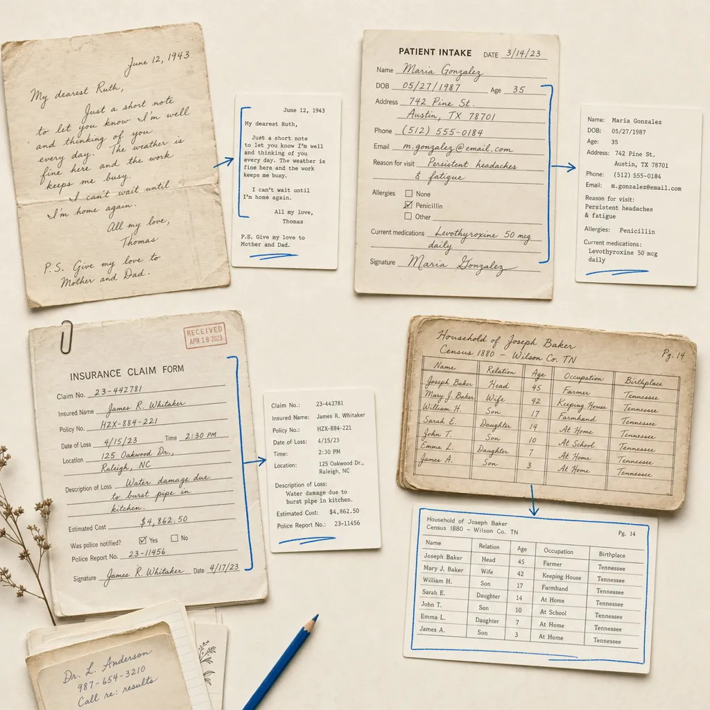 A montage of real handwritten documents — a letter, a clinic intake form, an insurance form, a genealogy record — being turned into clean typed text.