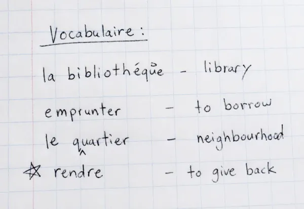 Handwritten French vocabulary study sheet