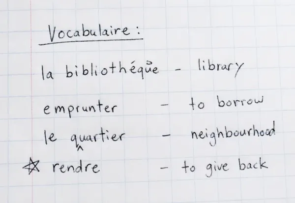 Handwritten French vocabulary study sheet