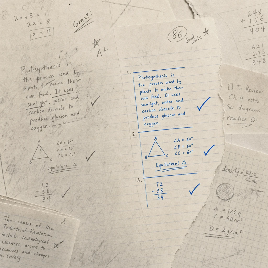 Illustration of handwritten student notes and marked work being turned into digital text