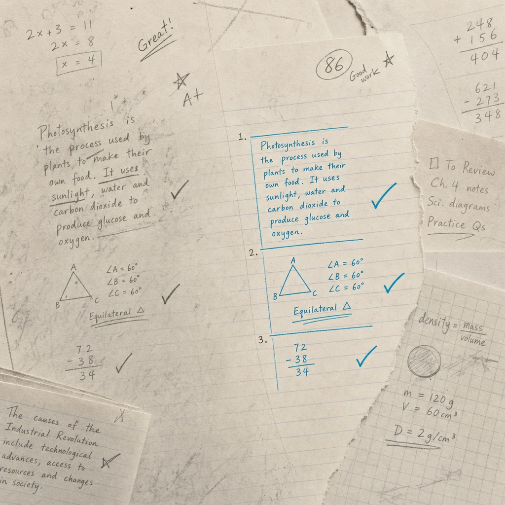 Illustration of handwritten student notes and marked work being turned into digital text