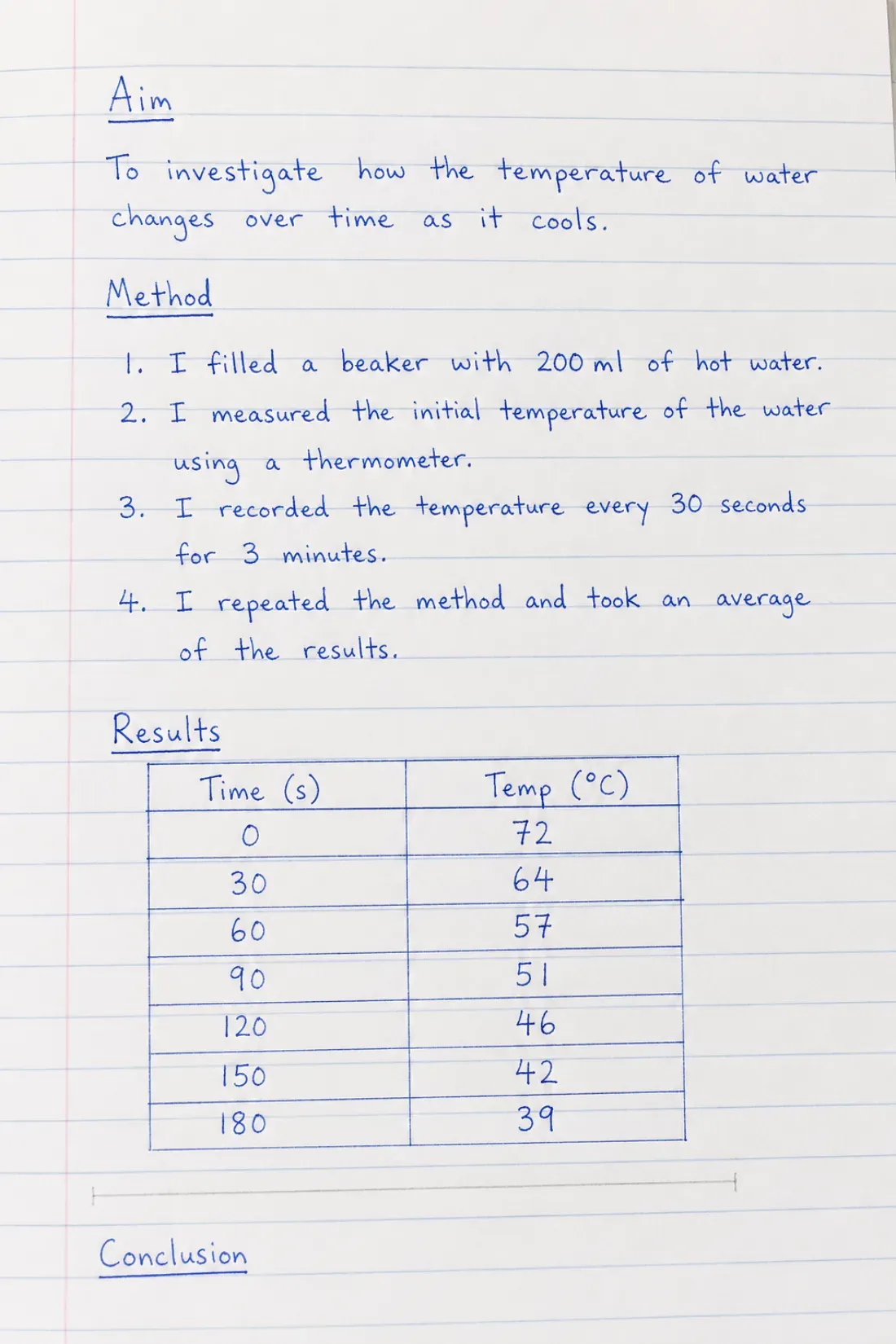 A handwritten science practical write-up with a results table