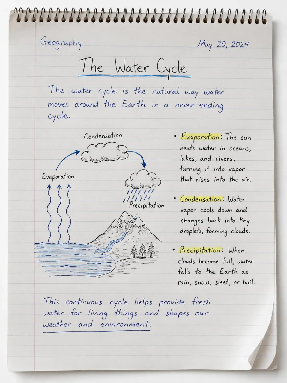 Handwritten geography notes on the water cycle with a diagram