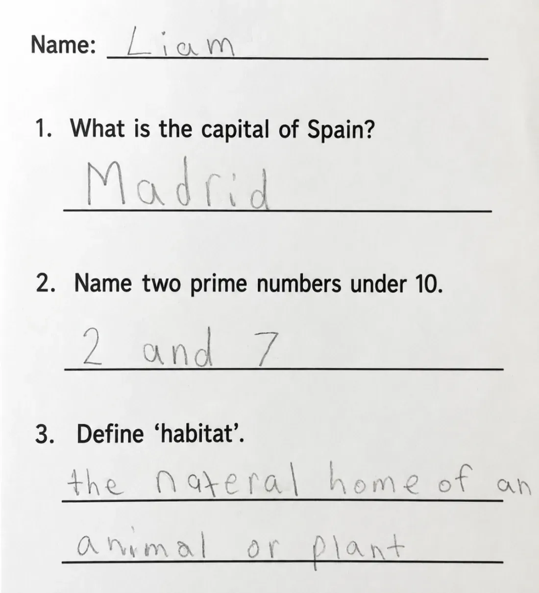 A worksheet with printed questions and handwritten answers