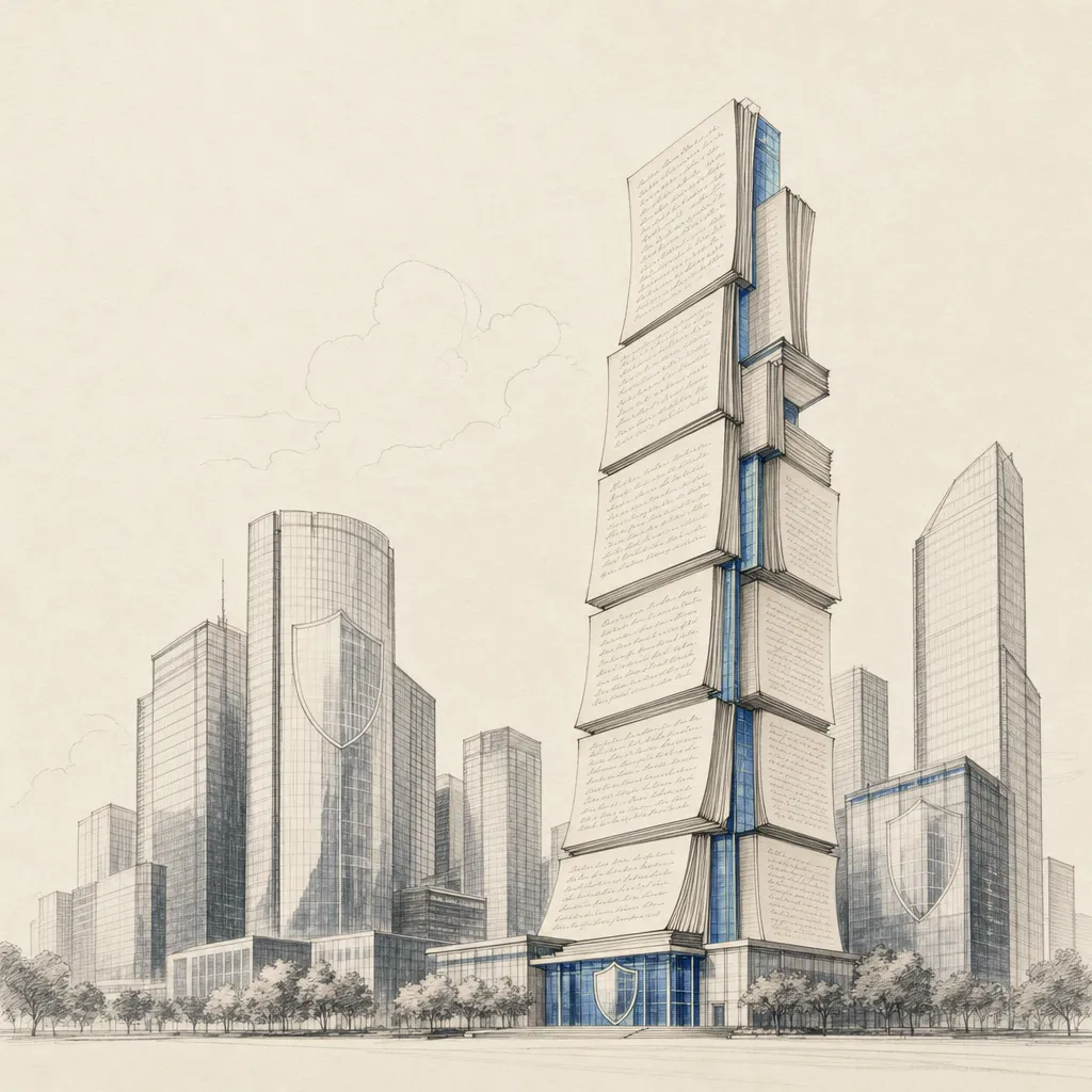 Illustration of a corporate skyline where one tower is built from handwritten manuscript pages