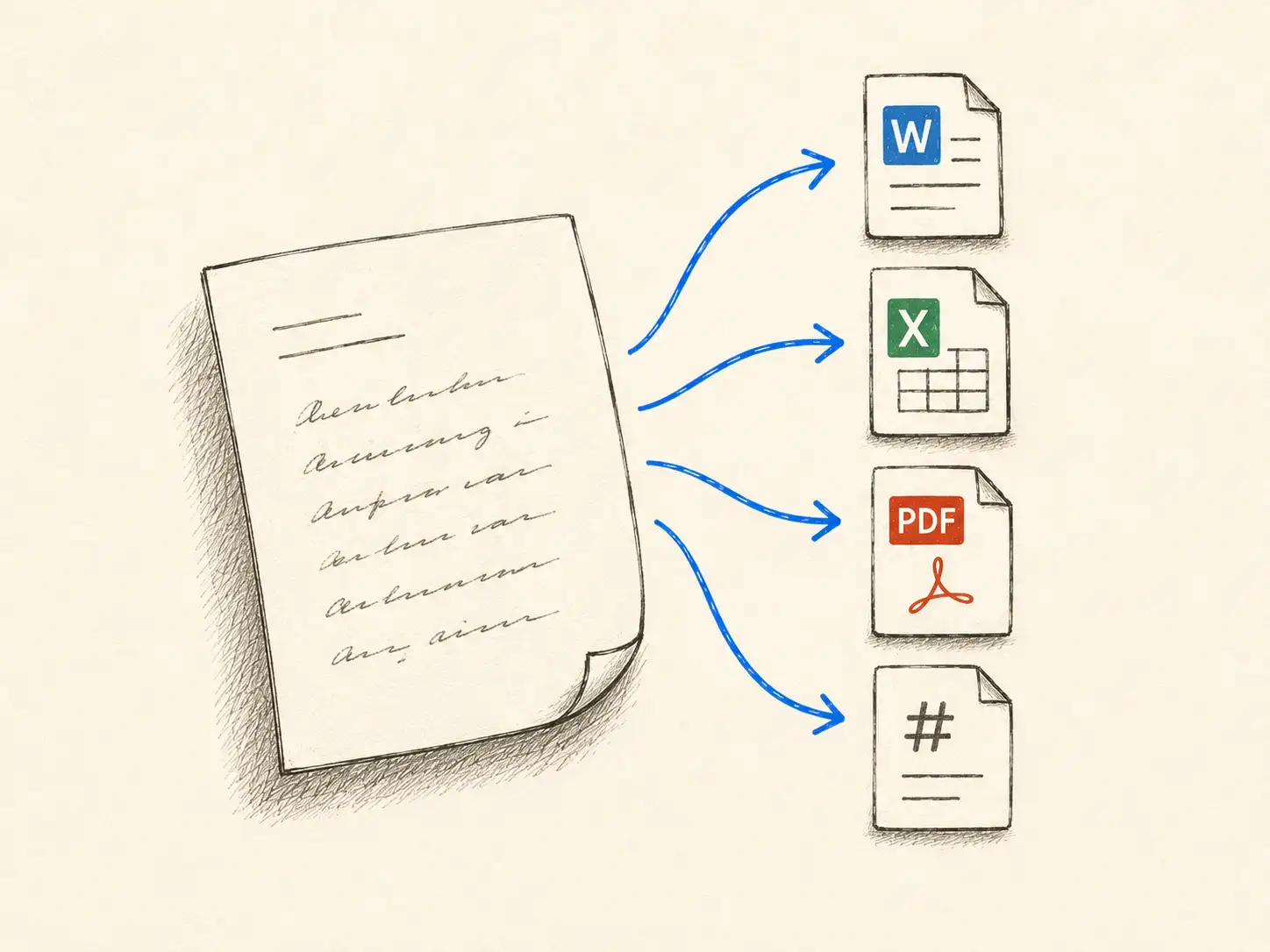 Hand-drawn handwritten page with brand-teal arrows fanning to four format cards: Word, Excel, PDF, and Markdown