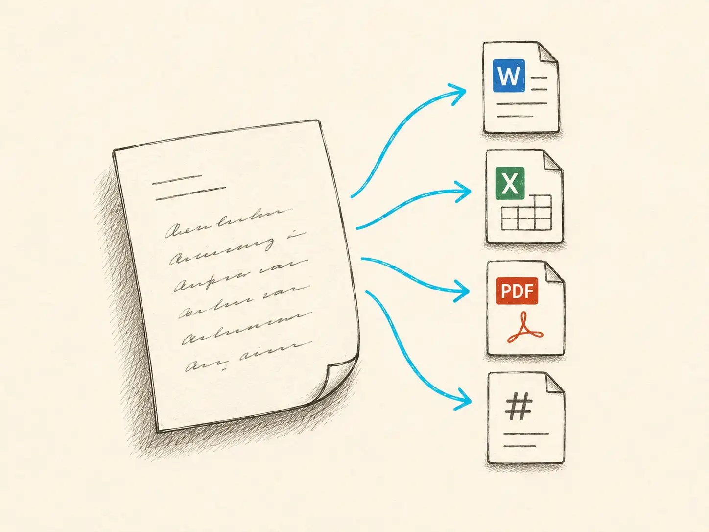 Hand-drawn handwritten page with brand-teal arrows fanning to four format cards: Word, Excel, PDF, and Markdown