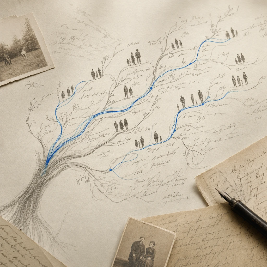 Illustration of a handwritten family tree and old family records being traced and digitized