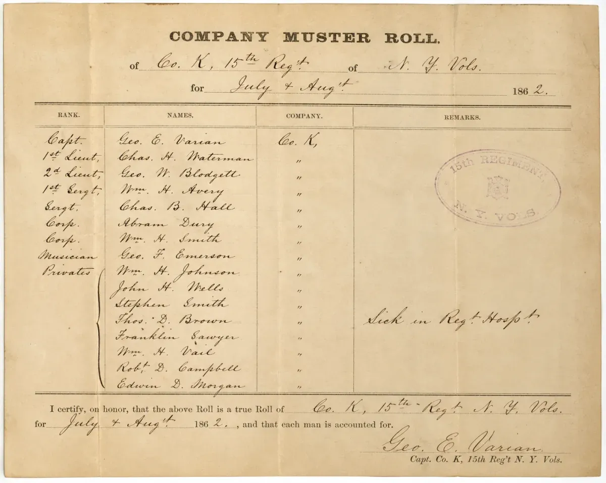 An 1862 company muster roll of New York Volunteers