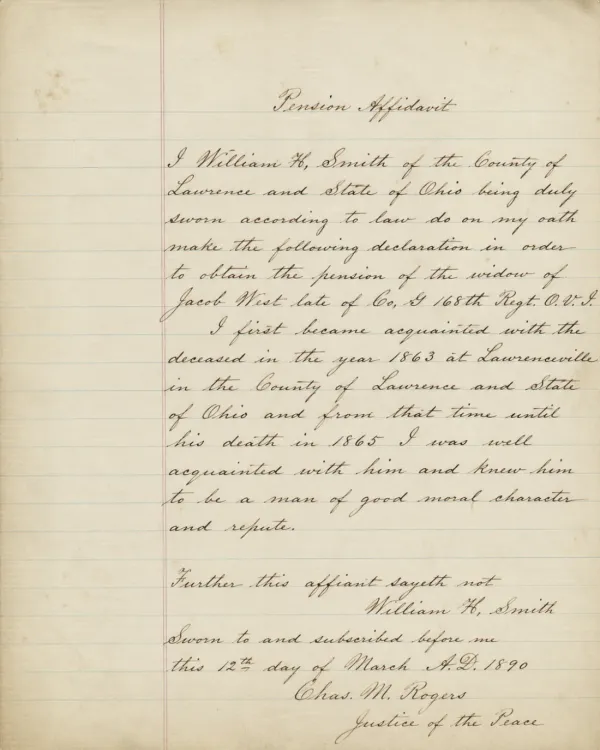 Handwritten 1890 pension affidavit