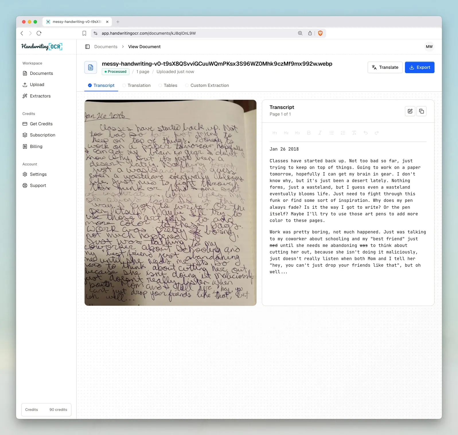 Handwriting OCR reading a messy cursive page into clean, editable text.