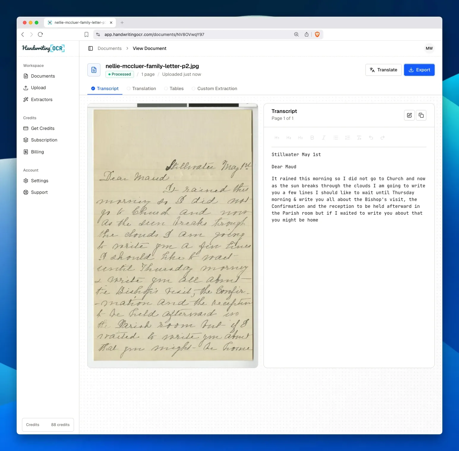 Handwriting OCR reading a historical letter into clean text, with no model training.