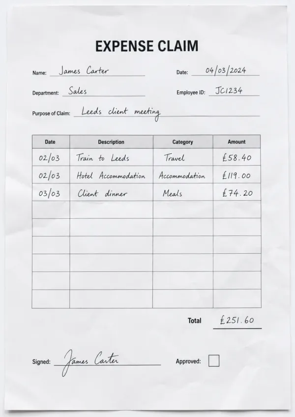 Hand-filled employee expense claim form