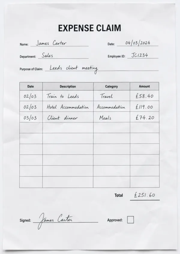 Hand-filled employee expense claim form