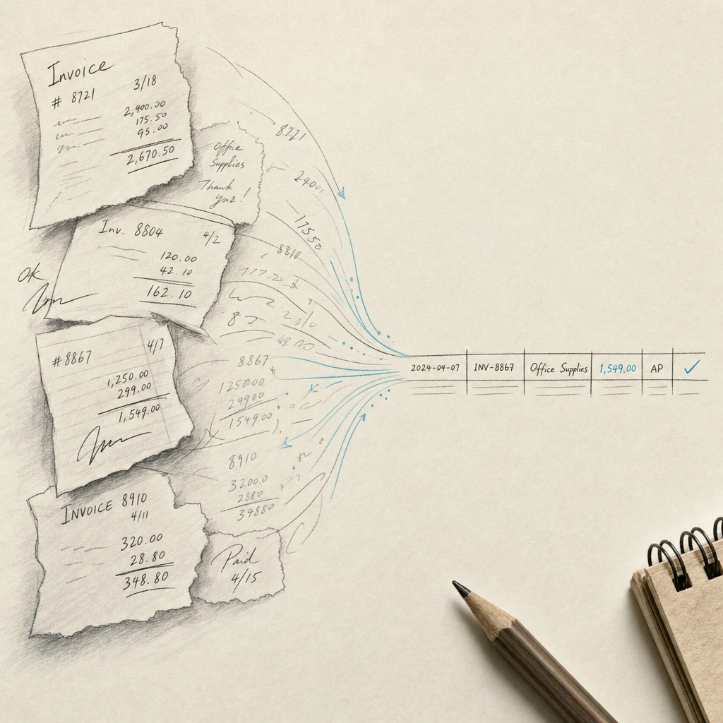 Illustration of handwritten invoices and receipts being turned into structured spreadsheet data