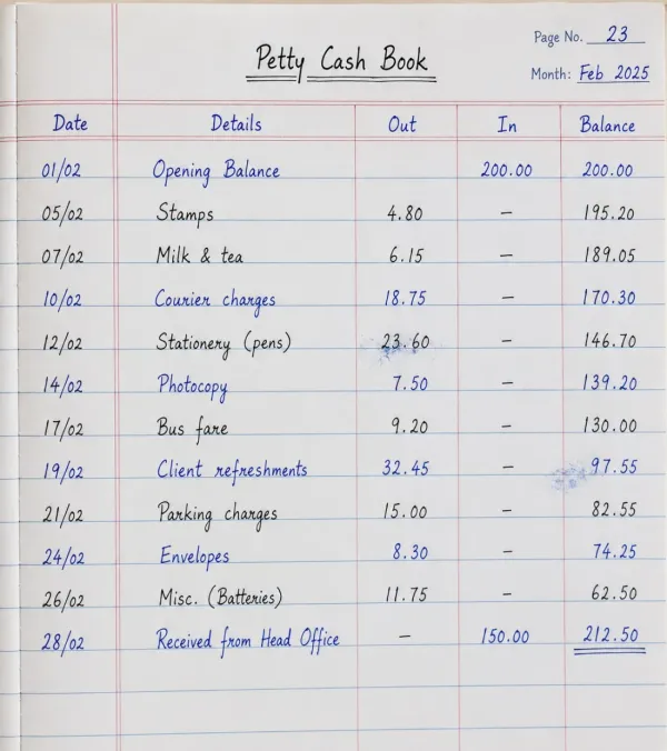 Handwritten petty-cash ledger book page