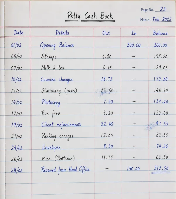 Handwritten petty-cash ledger book page