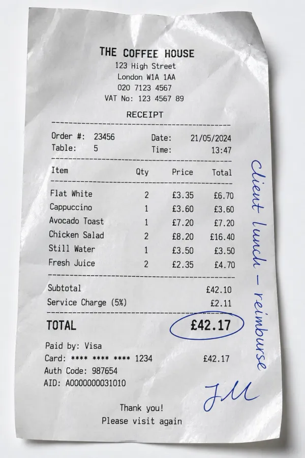 Itemised café receipt with a handwritten expense note