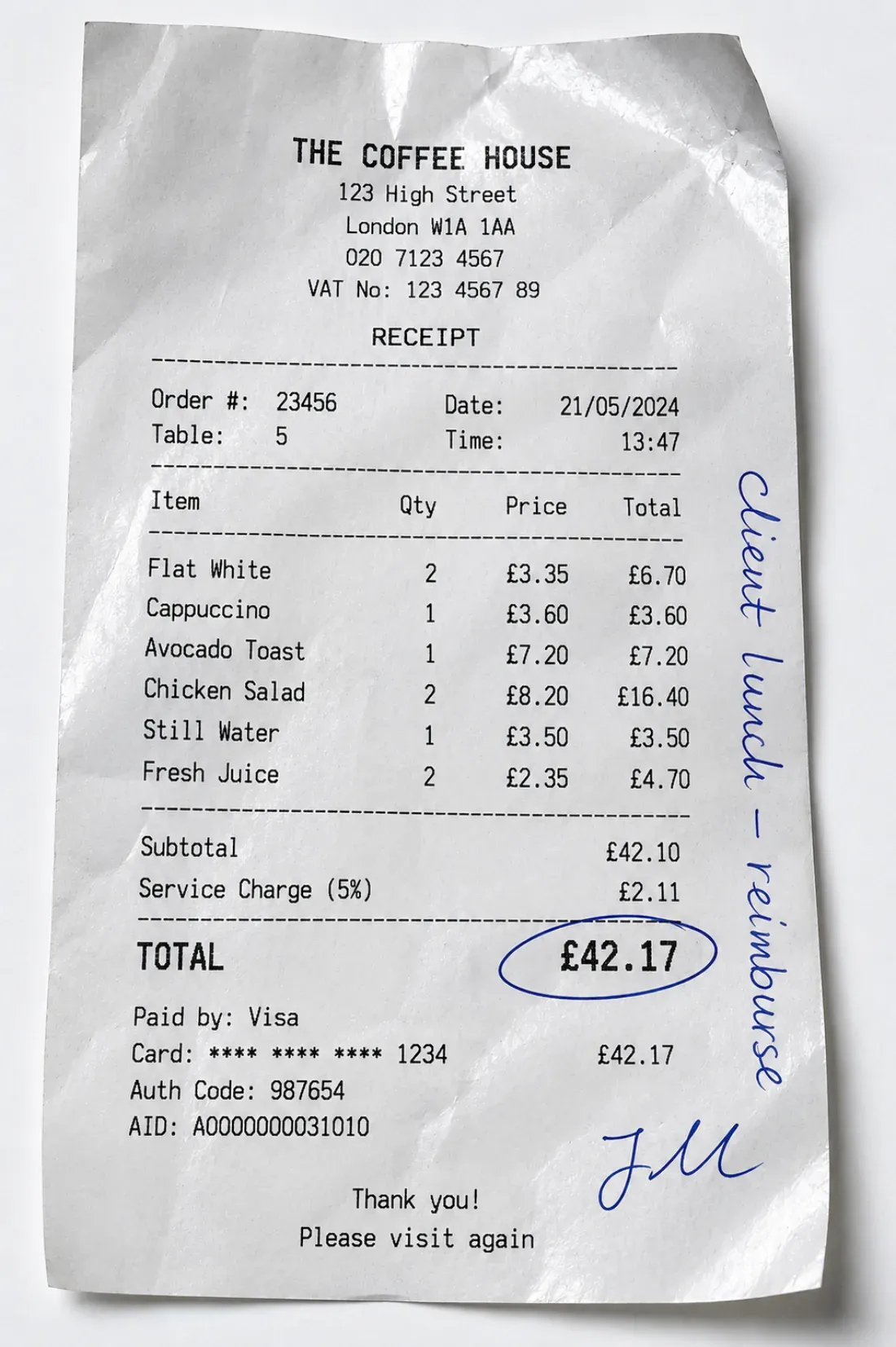 An itemised café receipt with a handwritten expense note