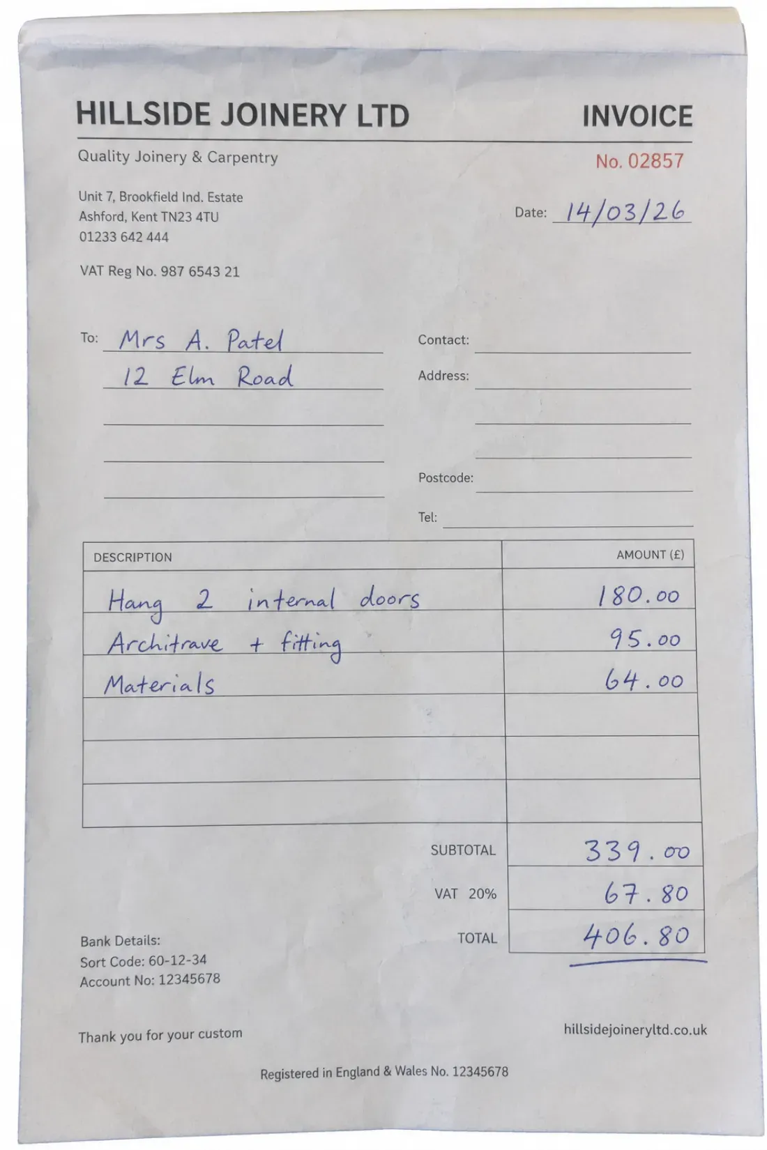 A handwritten supplier invoice on a part-printed pad