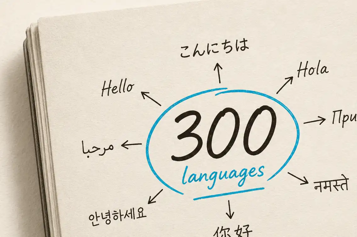Hand-drawn mind-map of greetings in eight scripts radiating from a "300 languages" mark in brand teal, on cream paper