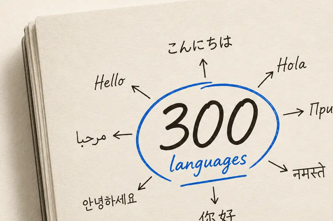 Hand-drawn mind-map of greetings in eight scripts radiating from a "300 languages" mark in brand teal, on cream paper