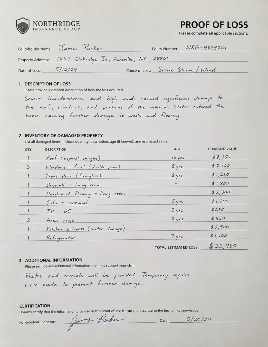 A handwritten insurance proof-of-loss claim form