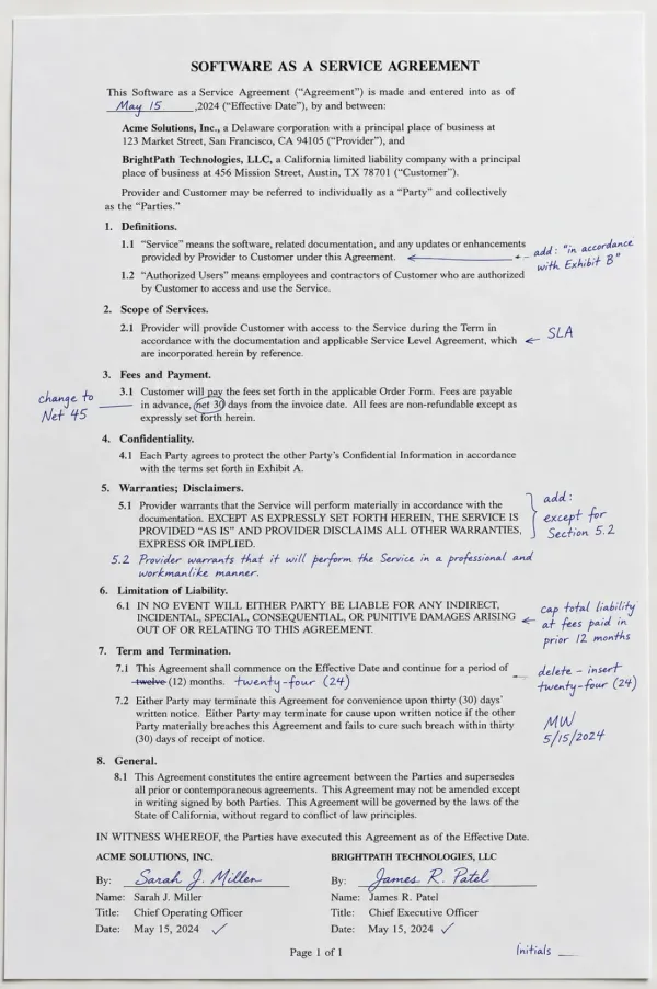 Typed software-as-a-service agreement with handwritten amendments