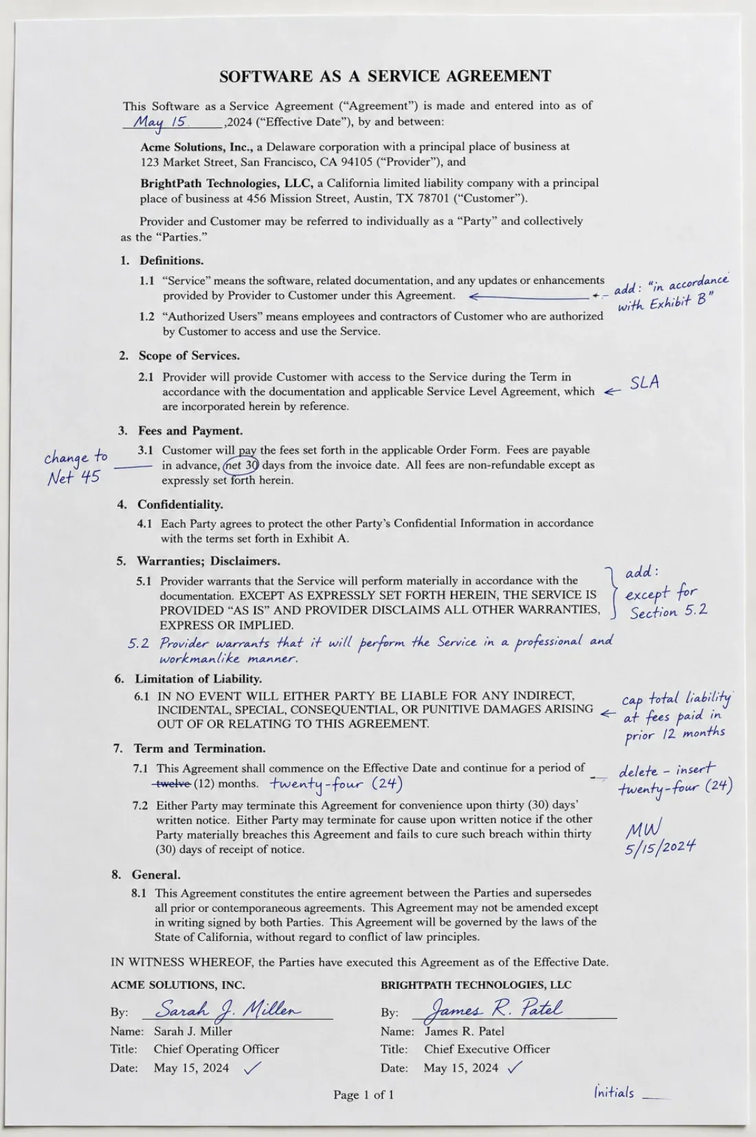 A typed contract page with handwritten amendments and initials