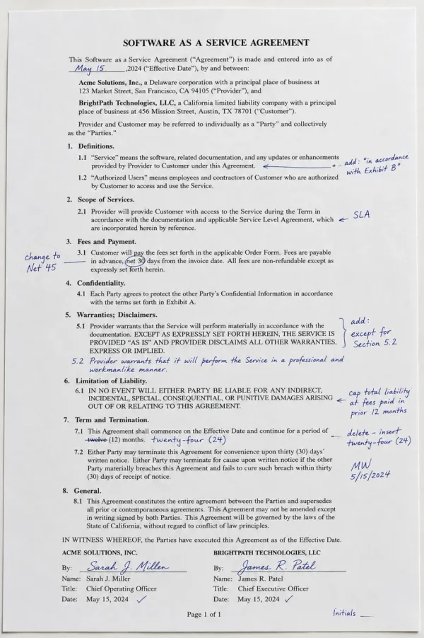 Typed software-as-a-service agreement with handwritten amendments