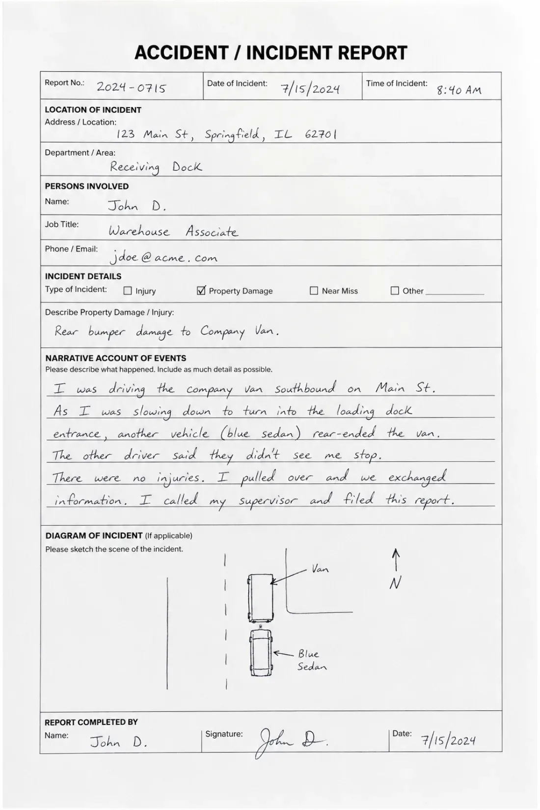 A part-printed accident report form with handwritten answers