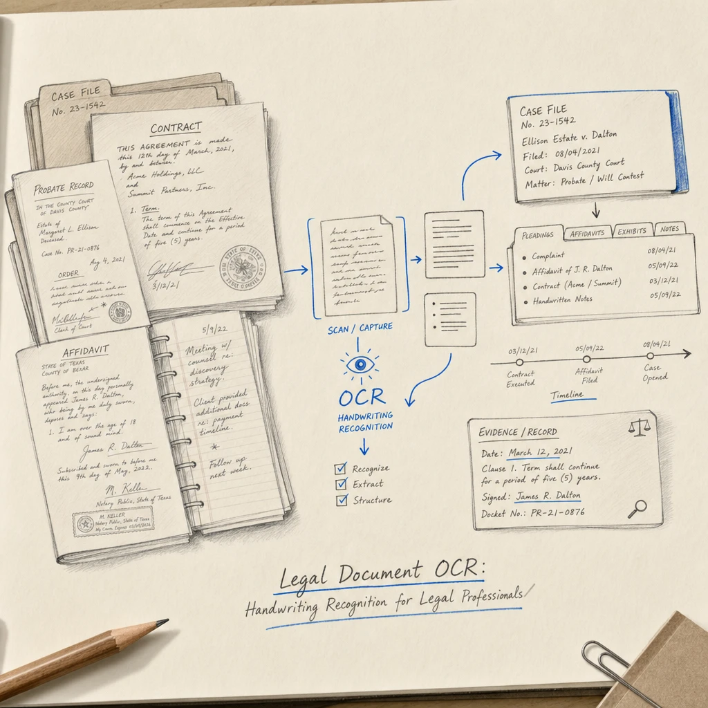Illustration of a backlog of handwritten legal documents being turned into structured digital data