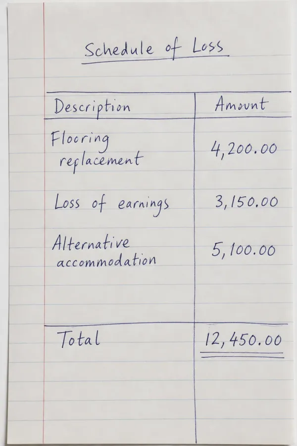 Handwritten schedule of loss