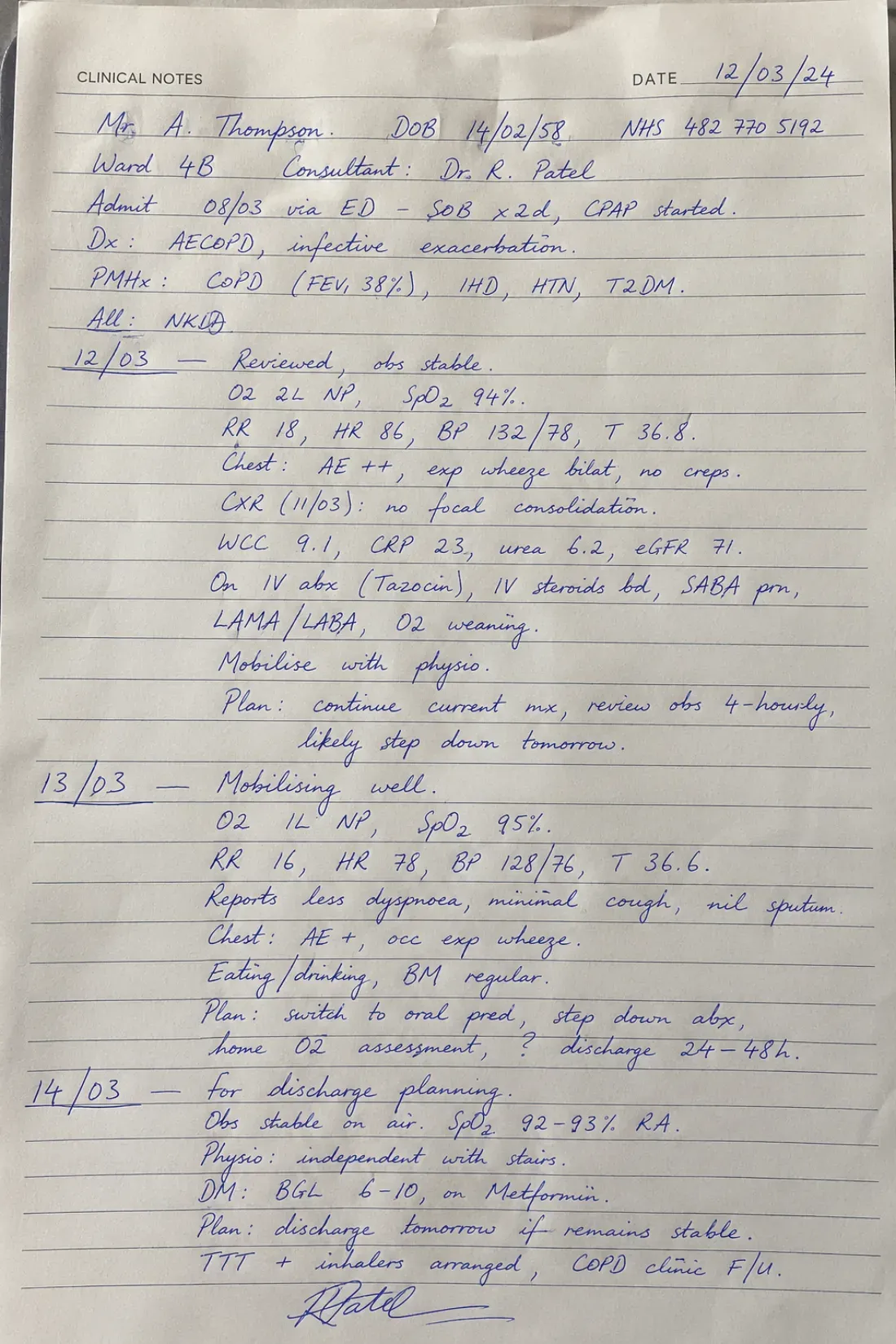A page of handwritten clinical notes with dated entries