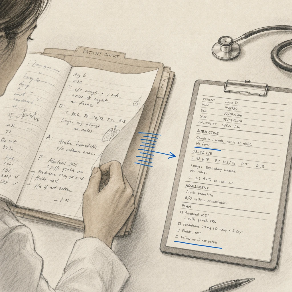 Illustration of a clinician's handwritten notes being turned into structured digital text