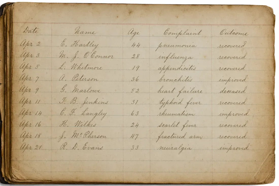 An aged handwritten hospital admissions register