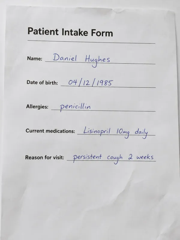 Handwritten patient intake form