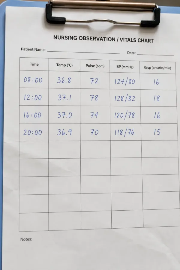 Handwritten nursing observation and vitals chart