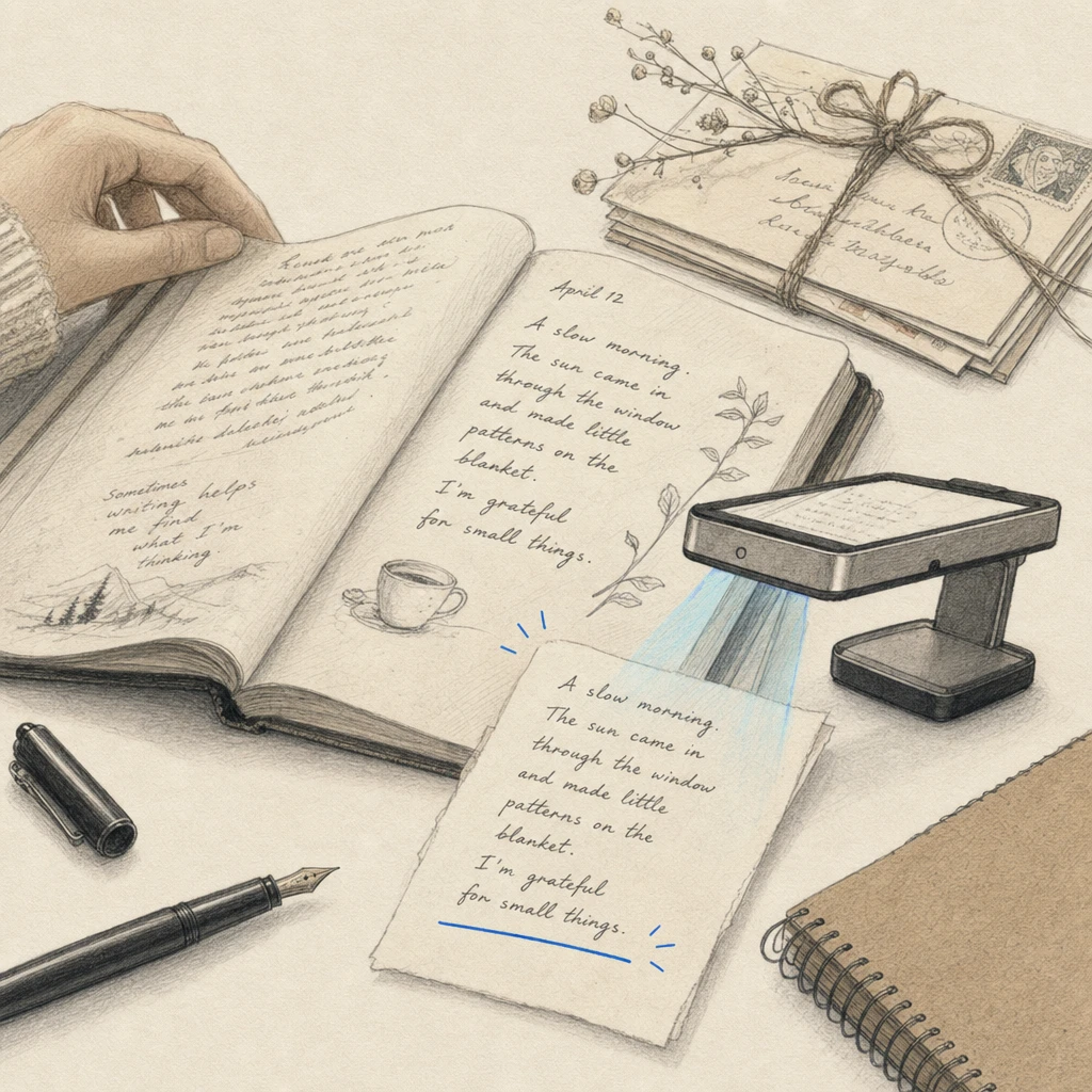 Illustration of handwritten letters, diaries, and notes being turned into searchable digital text