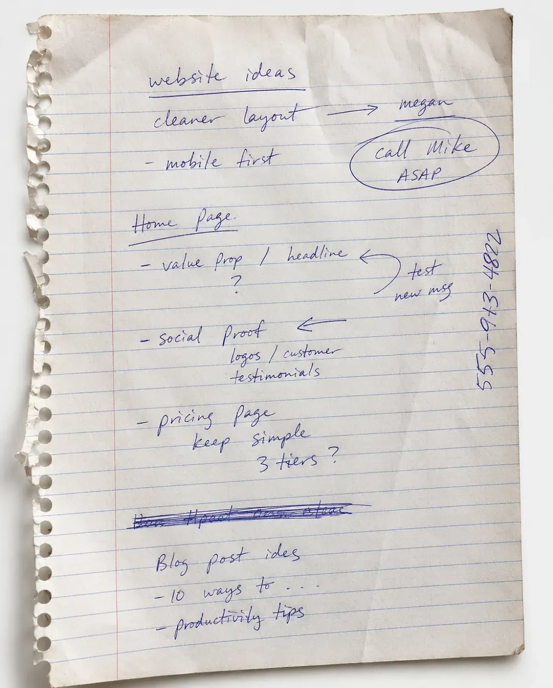 A handwritten page of personal notes and ideas on lined paper