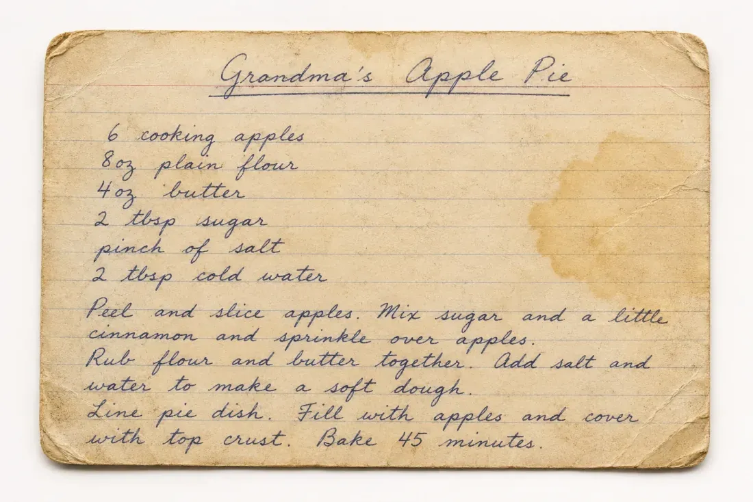 A handwritten, well-used family recipe card