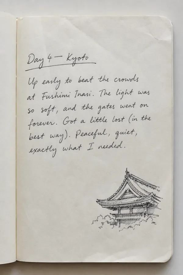 Handwritten travel journal page with a small sketch