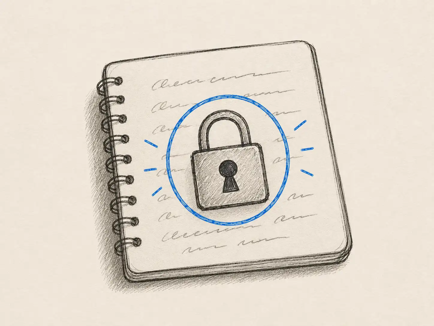 Hand-drawn spiral notebook with handwritten cursive lines, sealed with a brand-teal padlock and shine marks