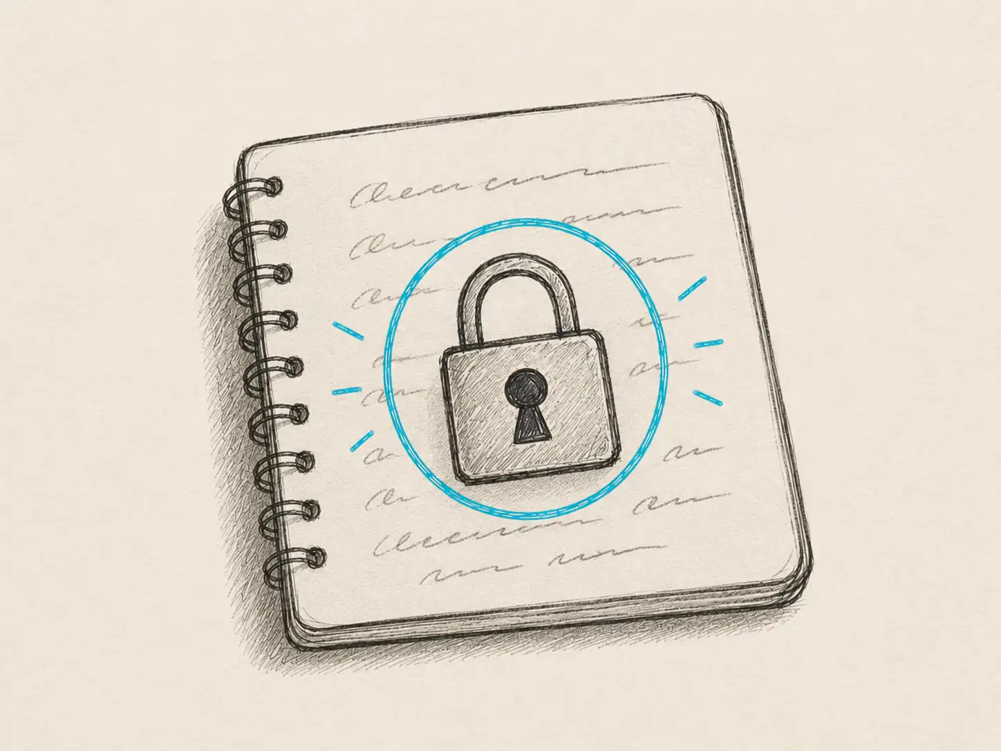 Hand-drawn spiral notebook with handwritten cursive lines, sealed with a brand-teal padlock and shine marks