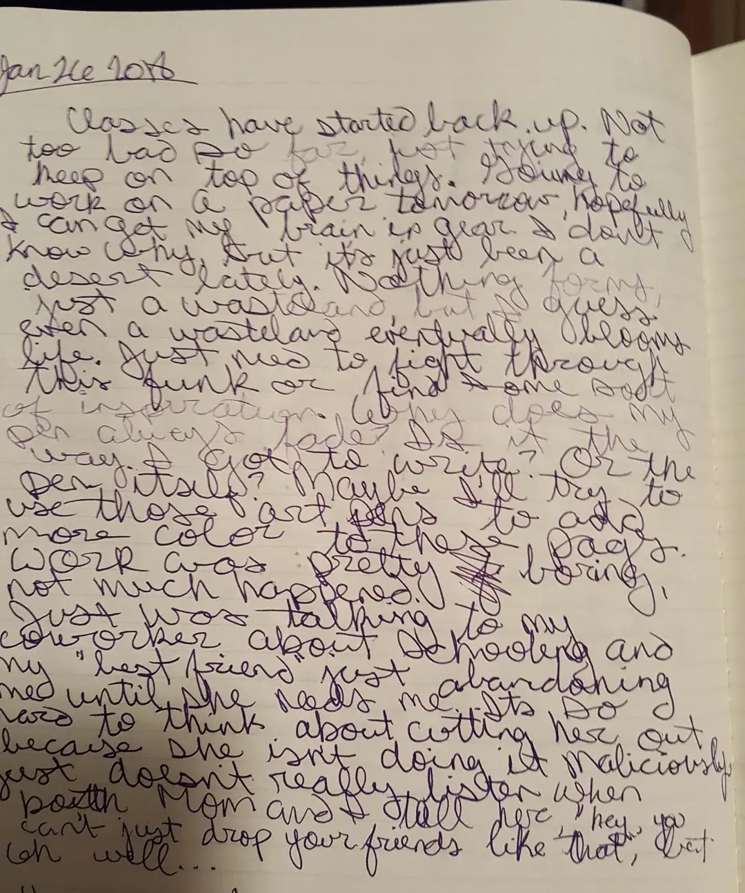 A very messy handwritten journal page in faded purple ink, shared on r/Journaling.